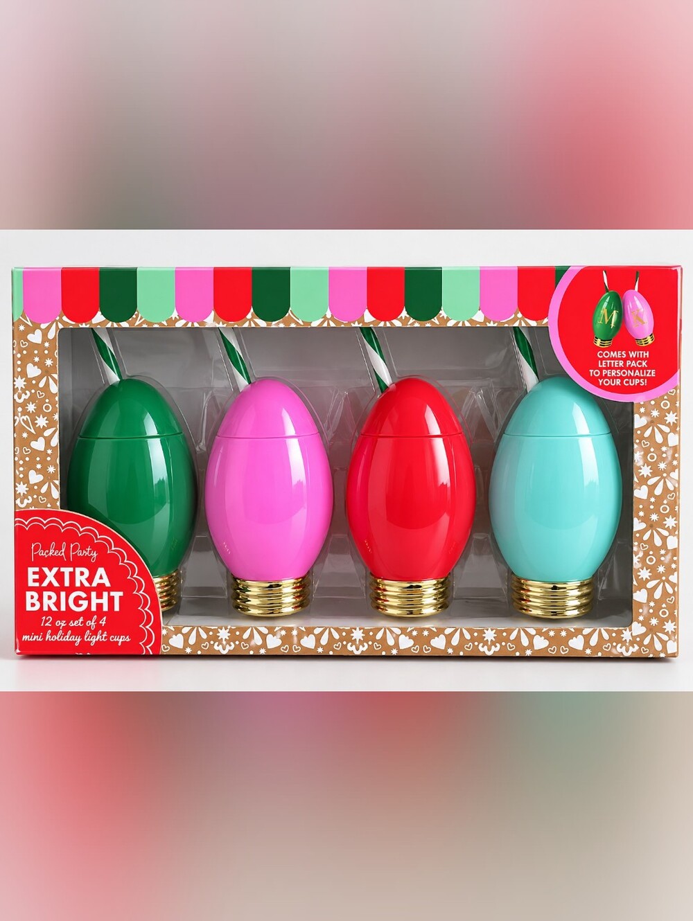 Pink and Red Holiday Light Cup Set with Straw - Party Drink Tumblers